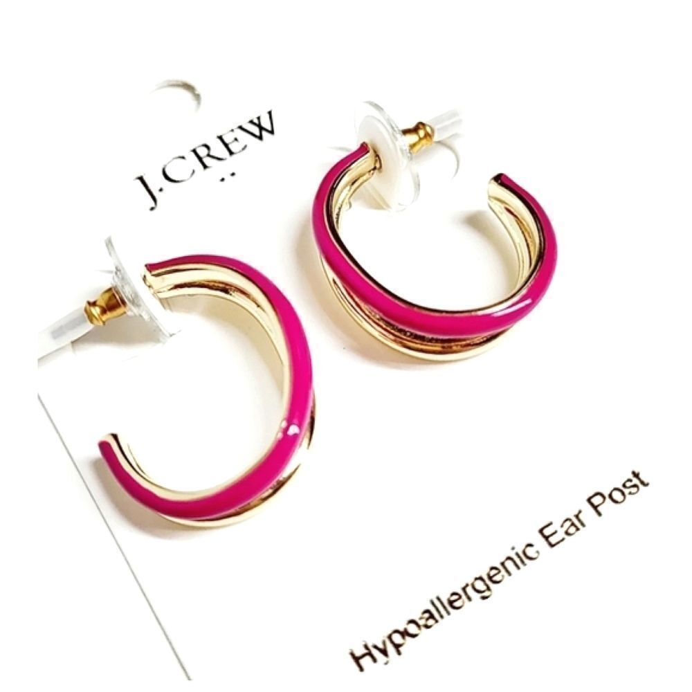 J Crew Double Hoop Enamel Earrings Radiant Fuchsia Gold Tone NEW